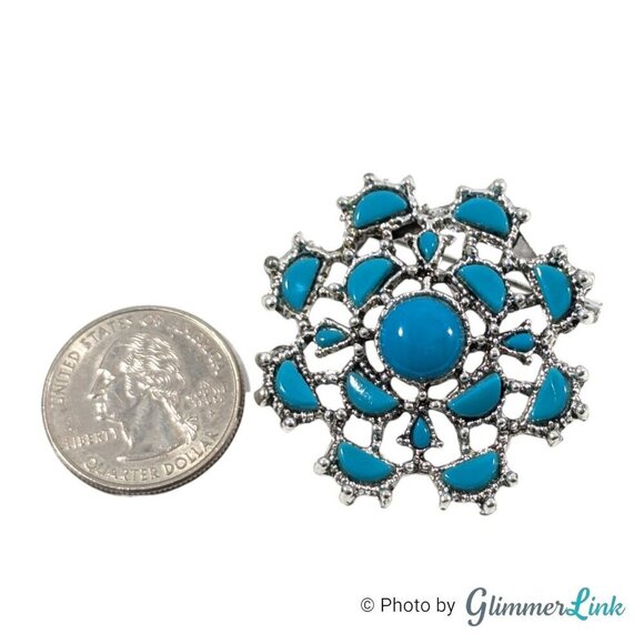 Vintage Southwestern Style Openwork Faux Turquoise Silver Tone Brooch - Picture 4 of 9